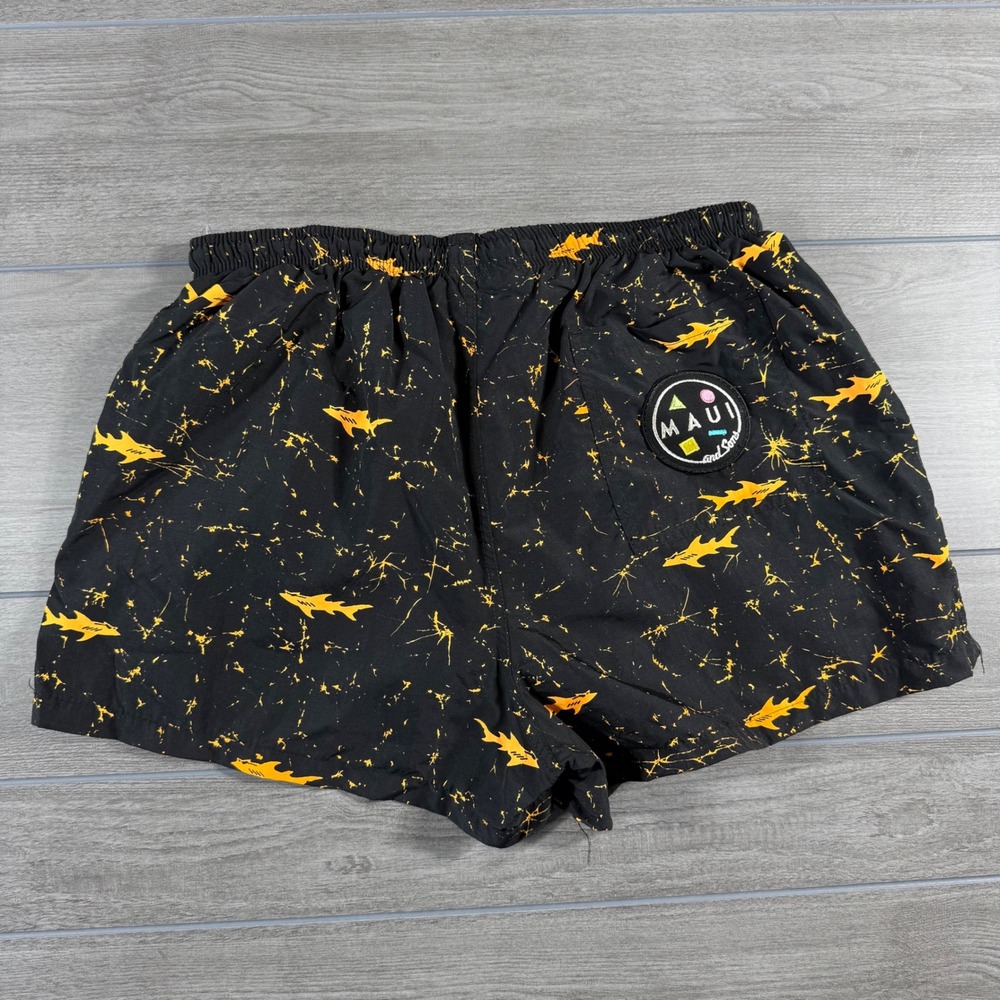 Maui and Sons Swim Trunks XL Black Vintage Yellow Shark Print Surf Shorts - Picture 2 of 6